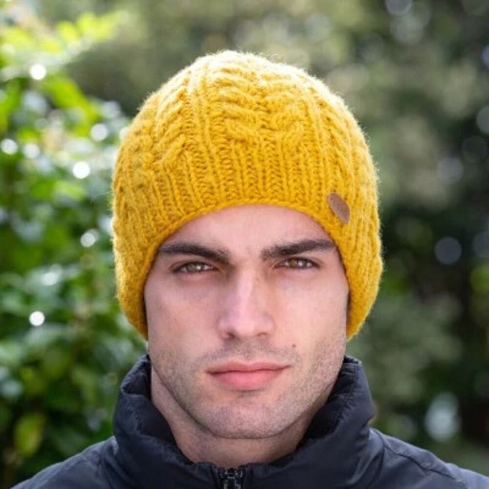 ERIN Irish Wool Aran Cable-Knit Beanie in Mustard Yellow w Gray Fleece Lining OS